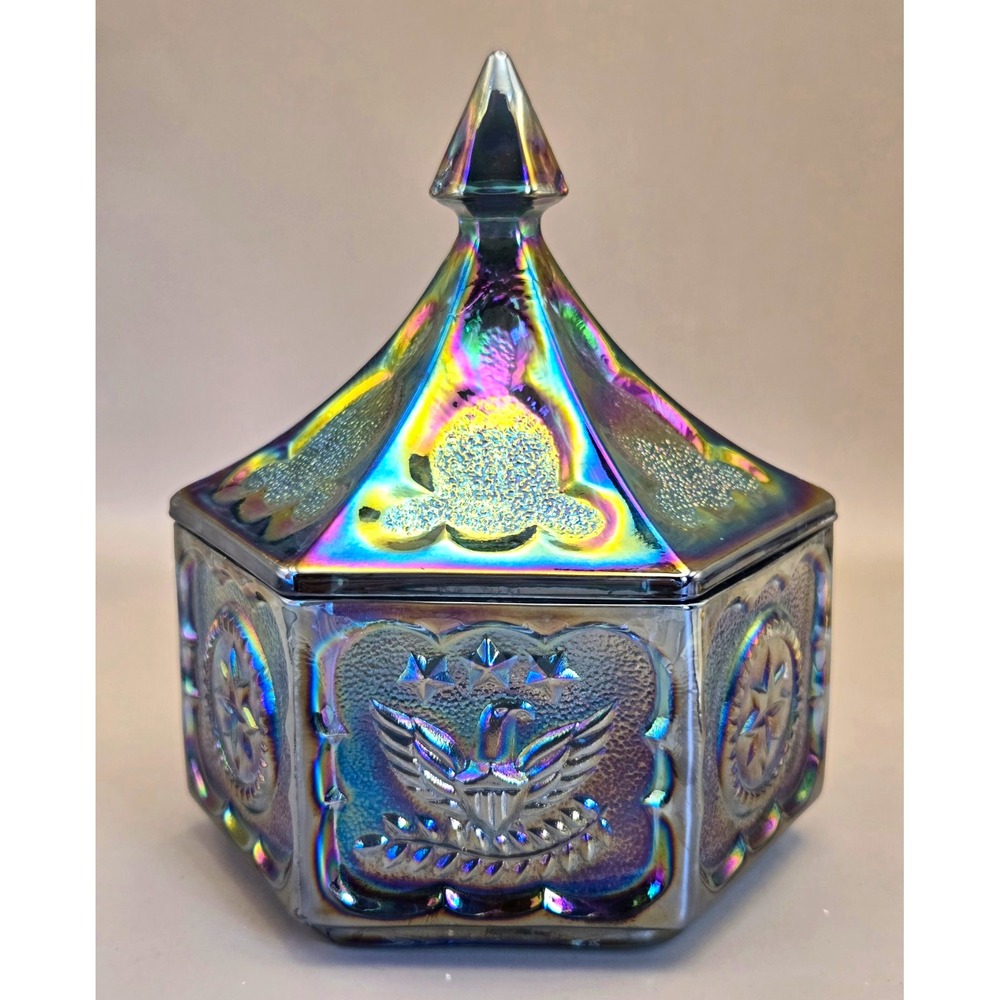 Vintage Bicentennial Blue Iridescent Carnival Glass Dish by Indiana Glass. #38